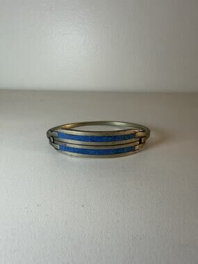 Vintage Mexican Sterling Silver Turquoise Inlay Hinged Bangle Bracelet VTG
